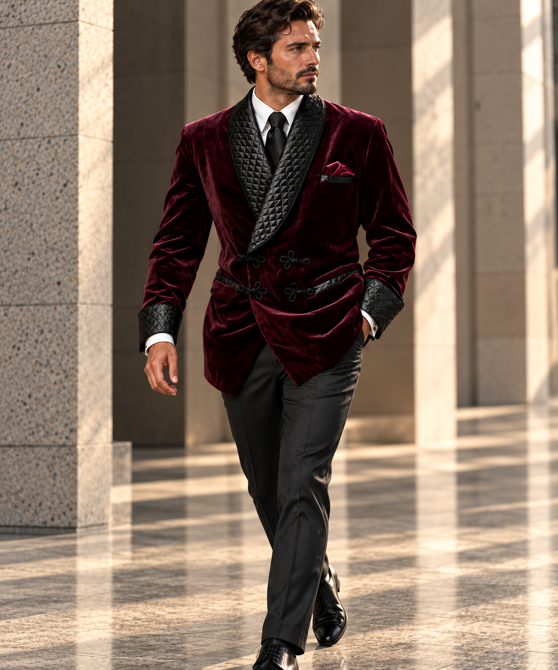 Ashcombe Velvet Smoking Jacket – Men’s Burgundy Quilted Shawl Blazer for Black Tie & Formal Evenings