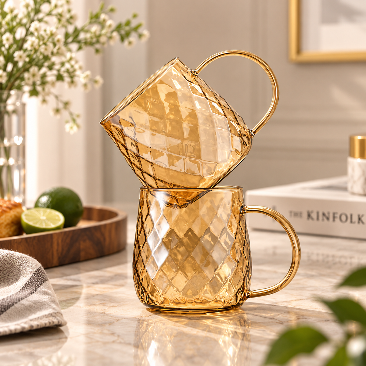 Auric Diamond Glass Mug Set – Tea & Latte Cups