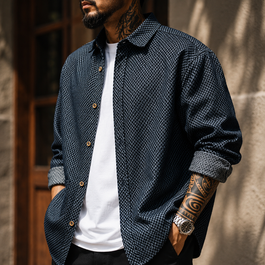 Kensal Men’s Blue Checked Denim Overshirt – Cotton Long Sleeve Shirt