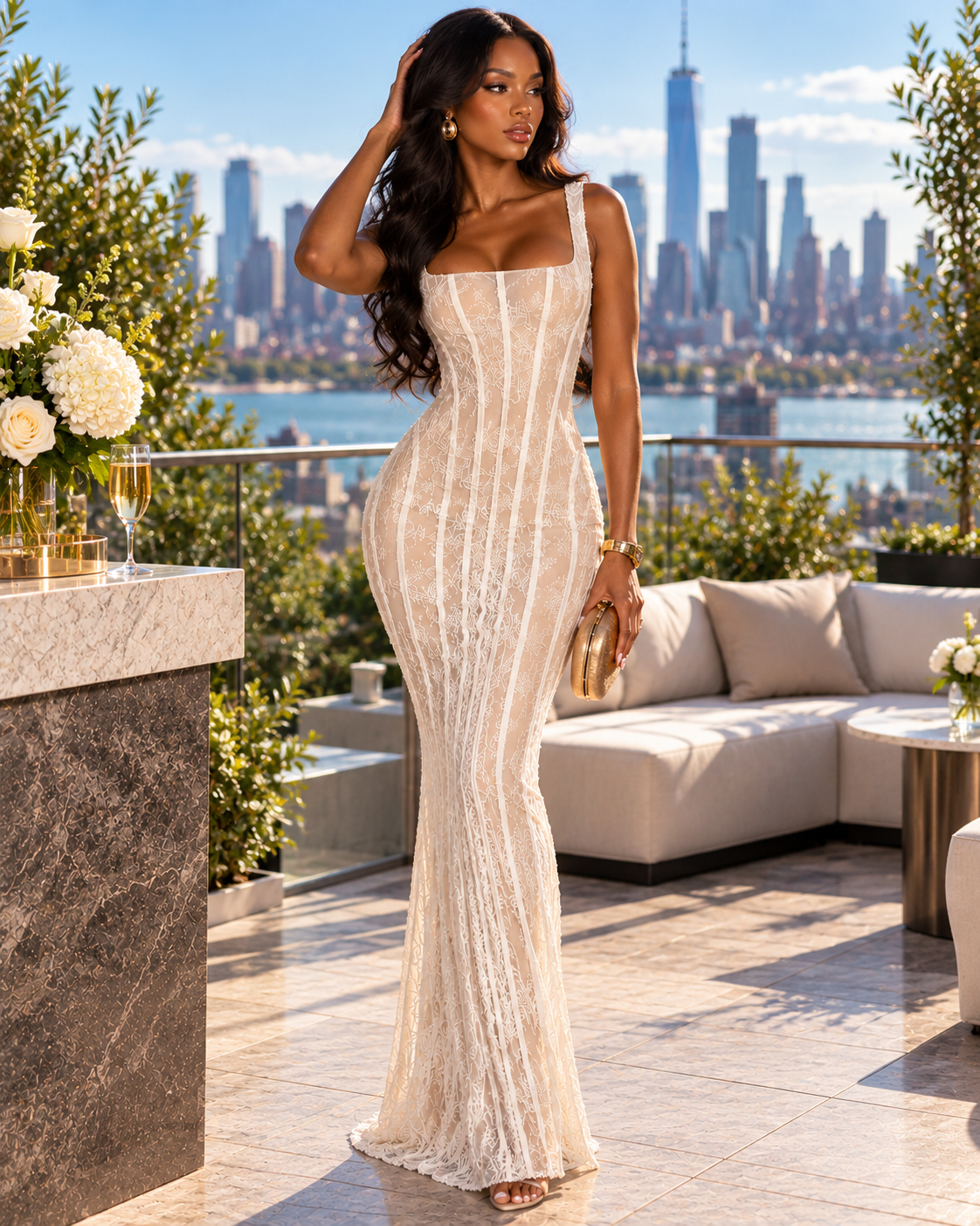 Elarose Square Neck Lace Corset Maxi Dress