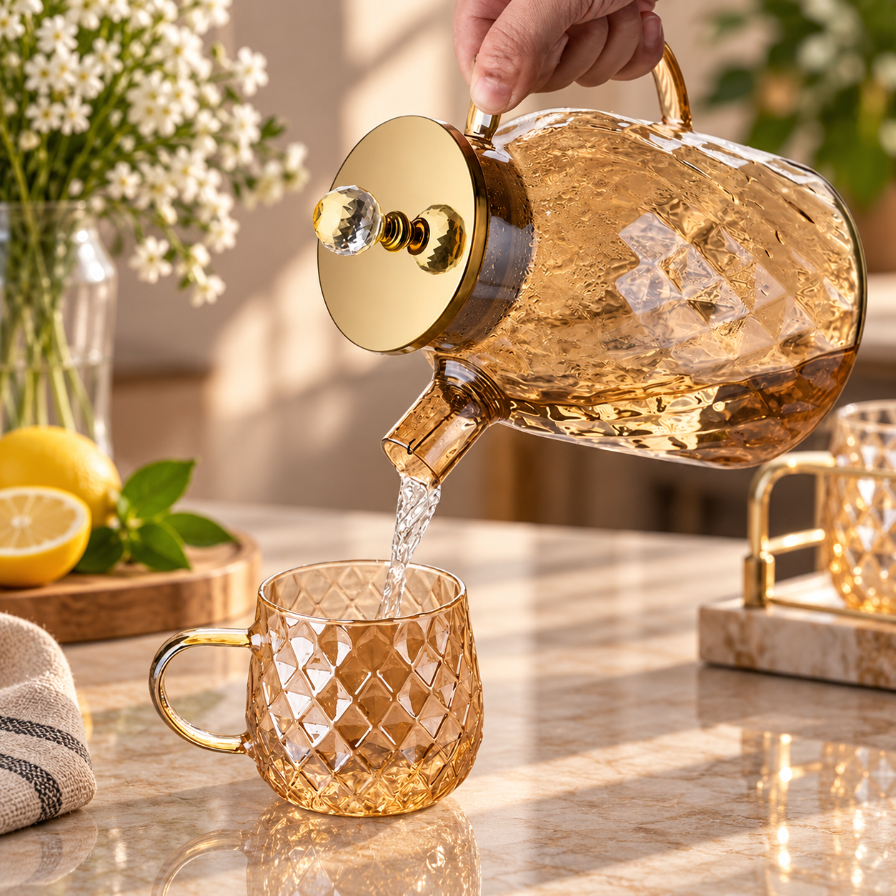 Auric Diamond Glass Jug – Heat-Resistant Tea & Water Pitcher