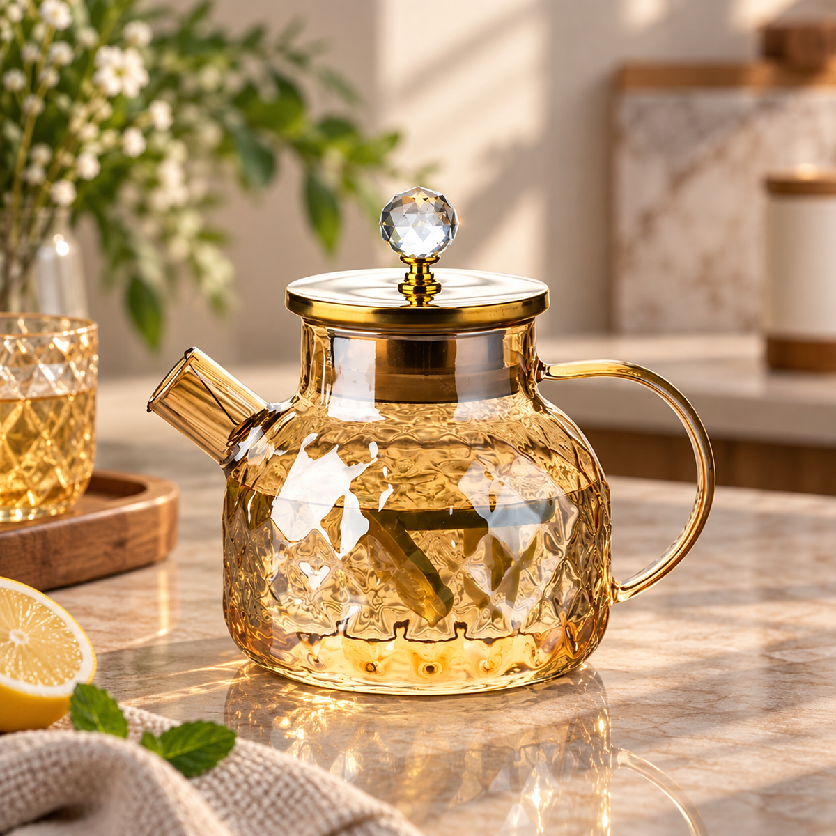 Auric Diamond Glass Jug – Heat-Resistant Tea & Water Pitcher