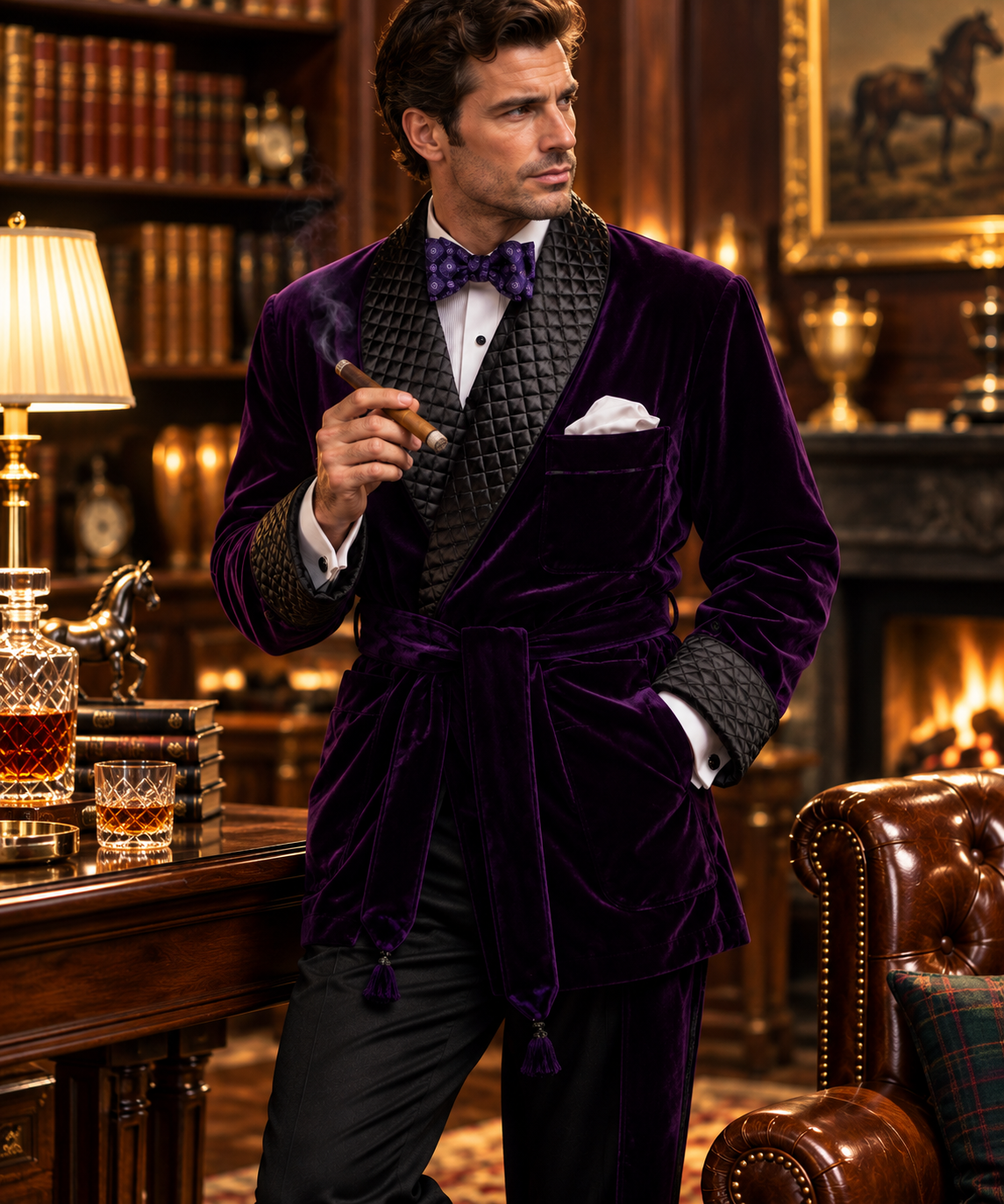 Kingswell Velvet Smoking Jacket – Men’s Quilted Lapel Evening Dinner Jacket with Waist Tie and Chest Pocket Square