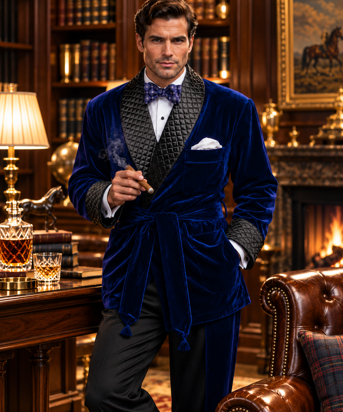 Kingswell Velvet Smoking Jacket – Men’s Quilted Lapel Evening Dinner Jacket with Waist Tie and Chest Pocket Square