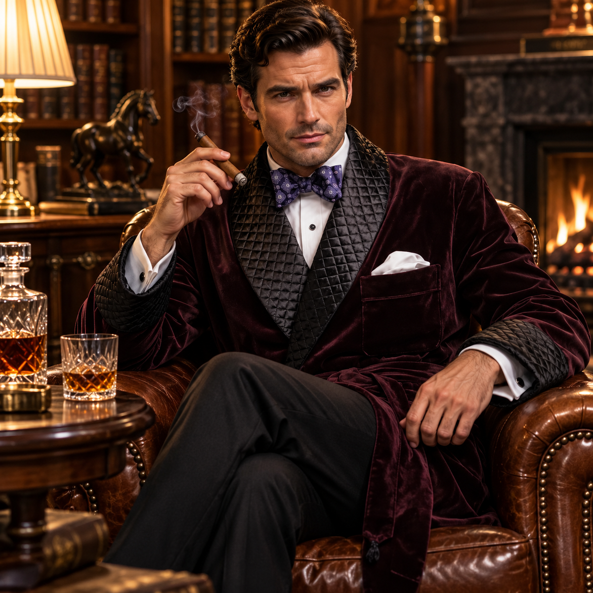Kingswell Velvet Smoking Jacket – Men’s Quilted Lapel Evening Dinner Jacket with Waist Tie and Chest Pocket Square