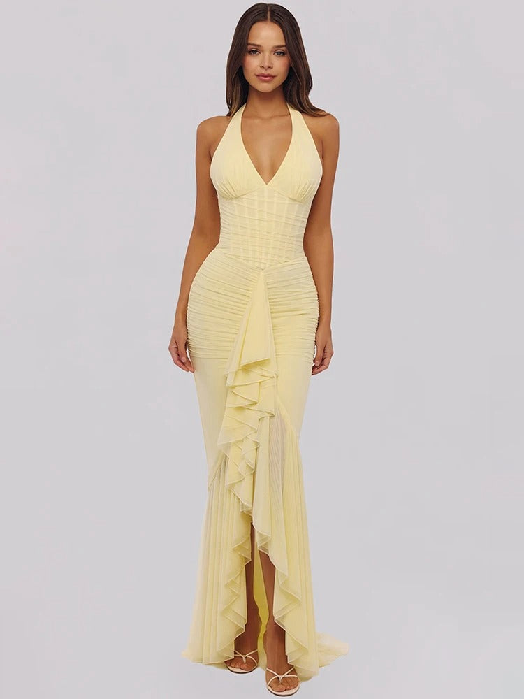 Soleya Halter Neck Ruched Maxi Dress – Yellow Wedding Guest Dress