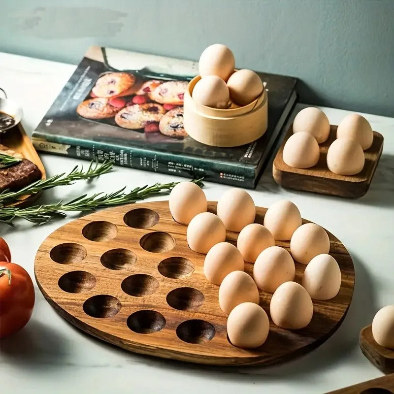 Acacia Wood Egg Holder Tray – 4, 6 or 12 Egg Storage Rack for Kitchen, Countertop or Fridge