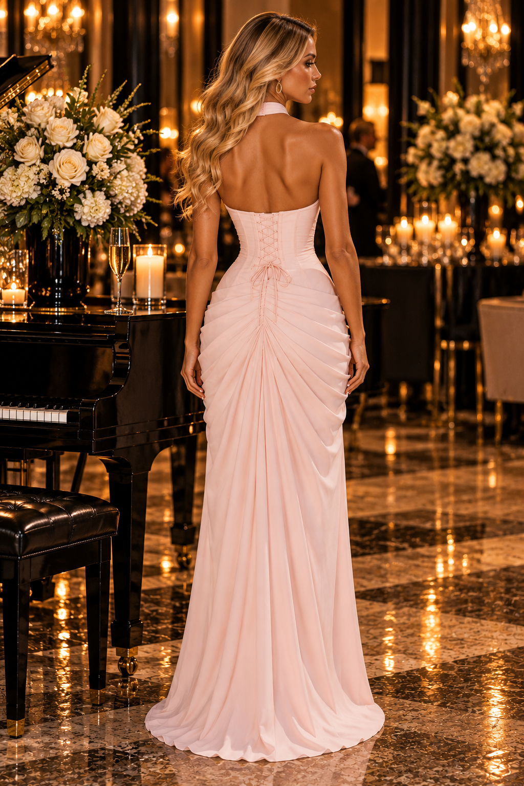 Serelia Halterneck Corset Draped Maxi Dress – Plunge Neck Evening & Wedding Guest Dress